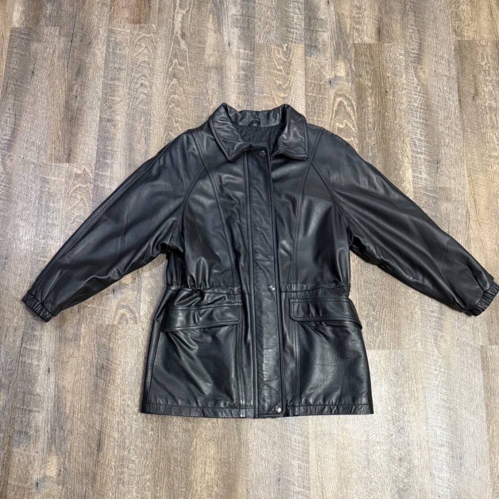 Vintage Winlit Black Heavy leather Coat women Sz L Waist cinching adjustable 80s